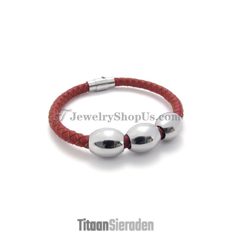 Rode Titanium En Leren Armband