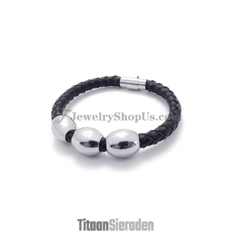 Mode Zwarte Leren Titanium Armband