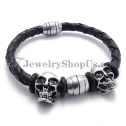 Elegante Leren Armband Met Titanium Schedels